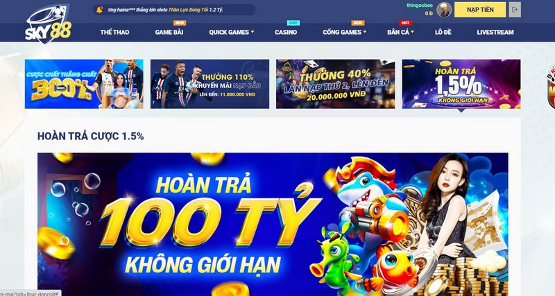 Khuyến mãi Sky88 - Cơ hội giúp cược thủ nhận vốn trải nghiệm 2 Hoàn Trả Tiền Cược 1.5% Cho Mọi Sảnh Chơi Tại Nhà Cái Sky88