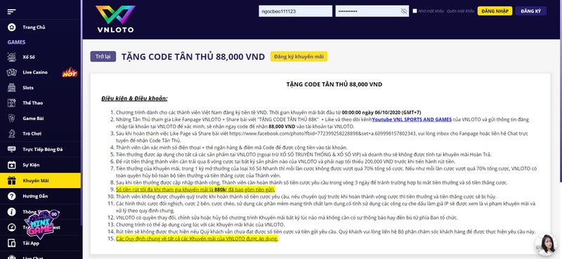 Khuyến mãi Vnloto - Quà tặng khủng cho mọi hội viên 1 Tặng Code 88K Cho Tân Thủ Mới Đăng Ký Tài Khoản Hội Viên