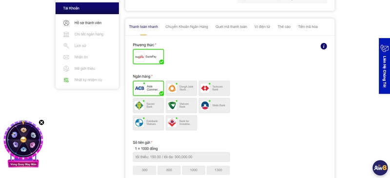 Chia sẻ các bước nạp tiền Aw8 chi tiết cho người mới 1 Phương Thức Thanh Toán Mà Nhà Cái Đang Cung Cấp Rất Đa Dạng