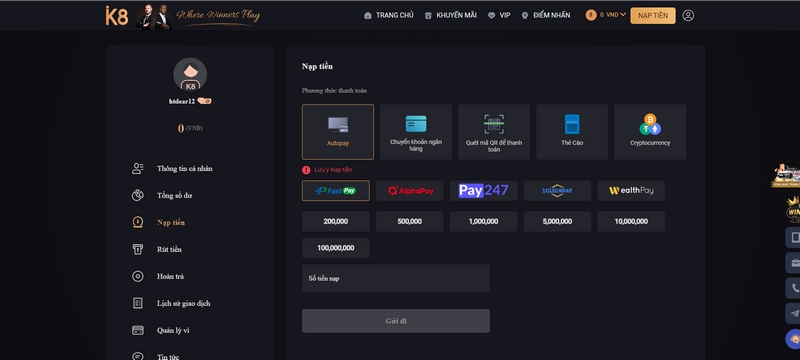 Thực hiện nạp tiền K8 đơn giản, dễ dàng trong tầm tay 1 Giao Dịch Tại K8 Cực Kỳ Nhiều Phương Thức Thực Hiện