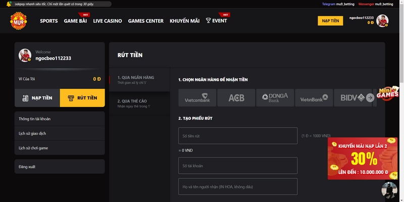 Hướng dẫn nạp tiền MU9 từng hình thức chi tiết nhất 3 Rút Tiền Bằng Ngân Hàng Tại Mu9 Thực Hiện Nhanh Không Tính Phí